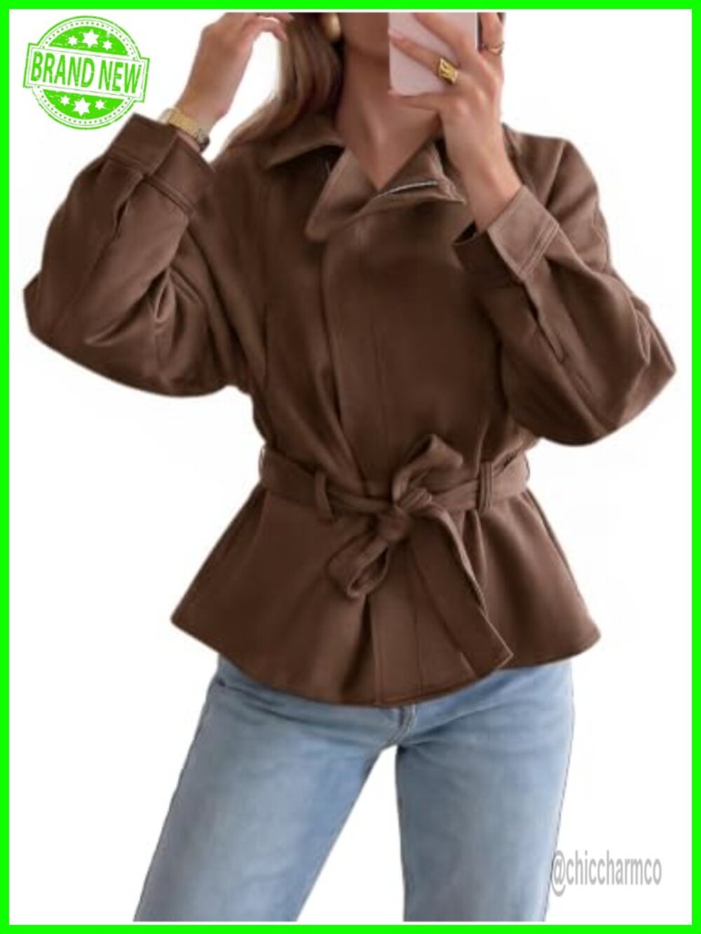 Faux Suede Cropped Moto Jacket Asymmetrical Zip Belted Trench Coat